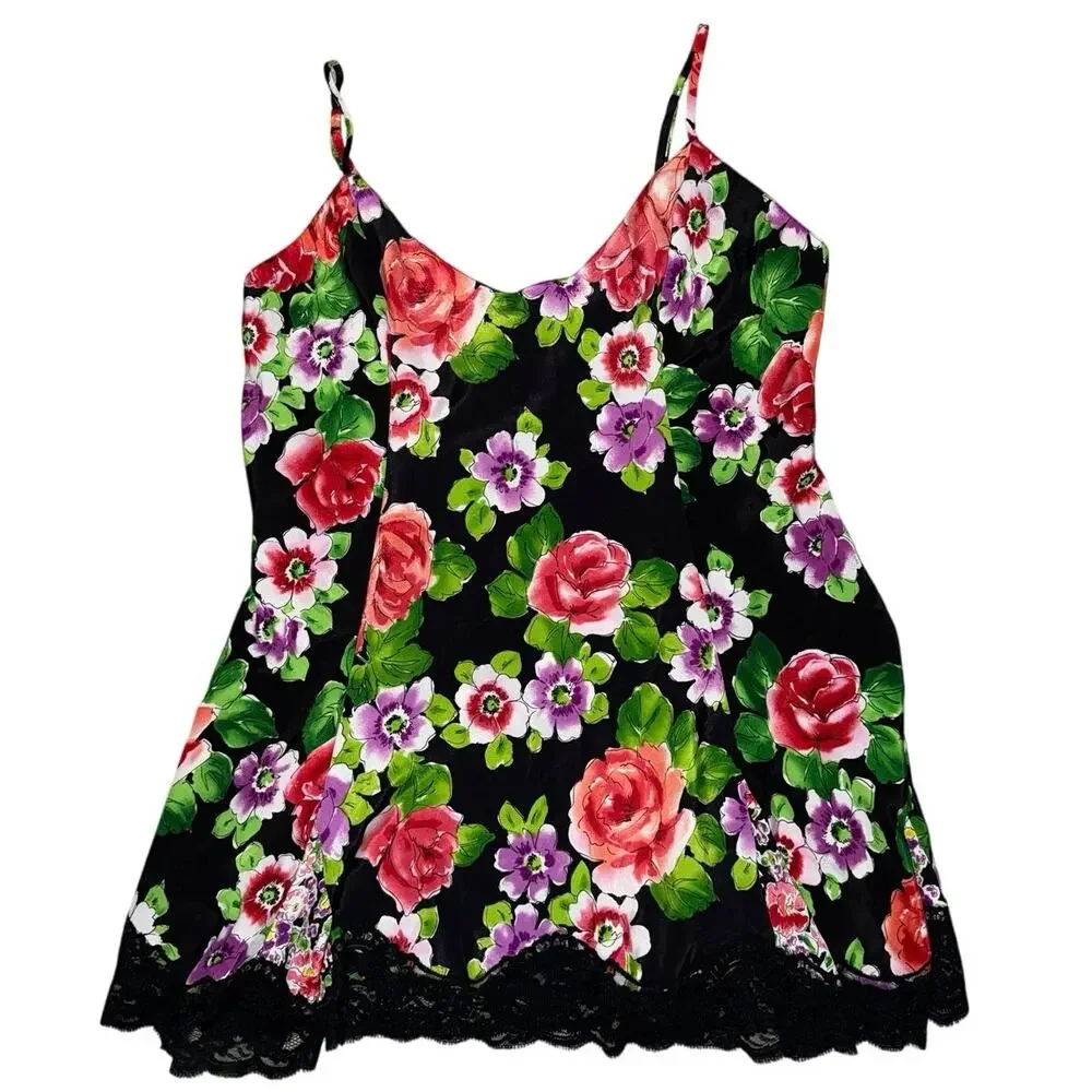 Victoria's Secret  Black Floral Nightgown Slip Dress Size L Vintage Gold Label
